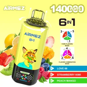 Airmez FOX 6 v 1 140K Puffs, tehnične specifikacije, 15ml*3 E-Liquid, Type-C polnilec, velik zaslon, 140000 pufov
