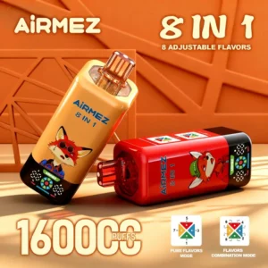 Airmez FOX 8 v 1 160000 Puffs, 8 prilagodljivih okusov, oranžna in rdeča barva, lisji motiv z očali in zeleno kapico, Pure Flavors & Combination Mode, 160K pufov