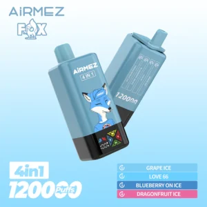 Airmez FOX 4 v 1 120K Puffs, mehanizem preklapanja okusov, 4 rezervoarjev, trikotniški simboli, roza in vijolična barva