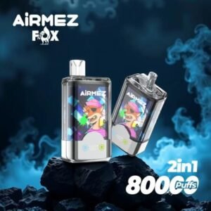 Airmez FOX 2 v 1 80000 Puffs, 2 prilagodljive okuse, prozorna plastika, lisji motiv s rožno kapico, mrežasti navitje, digitalni prikaz