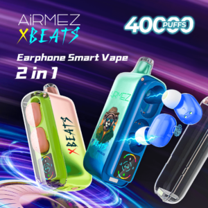 Airmez Xbeat 40000 Puffs, 2 v 1 pametna e-cigareta z vgrajenimi slušalkami, modra in zelena barva, medvedk motiv s očali, 40000 pufov, pametni zaslon, Bluetooth povezava