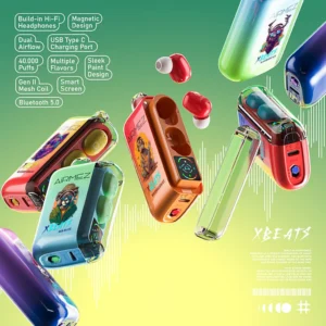 Airmez Xbeat 50K PRO, enokratna e-cigareta z vgrajenimi Hi-Fi slušalkami, magnetni dizajn, dualni pretok zraka, Type-C polnilec, 40000 pufov, Gen II mrežasti navitje, Bluetooth 5.0, pametni zaslon, večbarvni slog