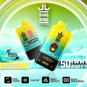 Bang King Dual Flavor 50K Puffs 2U1, dvojni okus Blueberry Ice & Peach Mango Watermelon, digitalni zaslon, gorilski stil