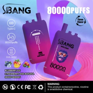 Bang Leader 80000 Puffs, roza in rumena gradientna barva, ergonomski dizajn, prenosna e-cigareta, v roki