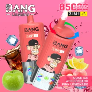 Bang Leader 85K Puffs 3 v 1, podrobni okusni izbori, Pineapple Ice, Strawberry Red Bull, Mixed Berries, prikaz sadja in crvenog bika