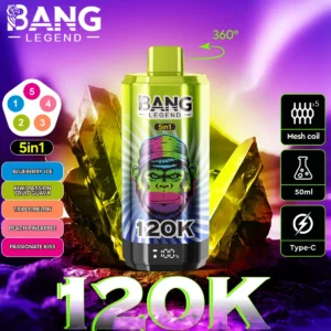Bang Legend 120K Puffs 5 v 1, 5 prilagodljivih okusov, zelena barva, barvni gorilski motiv, 50ml E-Liquid, 5x mrežasti navitje, Type-C polnilec, digitalni prikaz