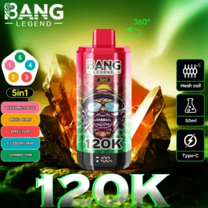 Bang Legend 120K Puffs 5 v 1, tehnične specifikacije, 5x mrežasti navitje, 50ml E-Liquid, Type-C polnilec, 120000 pufov, digitalni prikaz