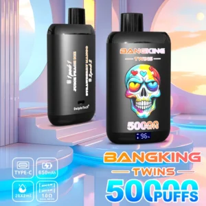 BANG KING Twins 50000 Puffs, okus Juice Peach Ice in Strawberry Mango, barvna lobanja s srcami, 650mAh baterija, 28x2ml E-Liquid, dualni mrežasti navitje, Type-C polnilec