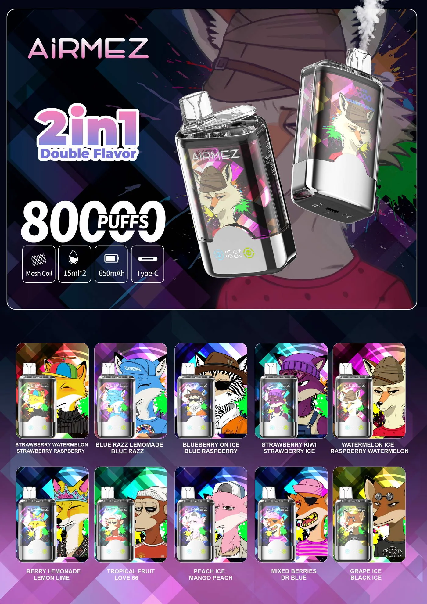 Airmez FOX 80K PUFFS 2u1 enkratna e-cigareta z jagodo in lubenico ter jagodo in malino okusi
