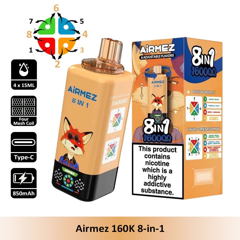 Airmez FOX 160K PUFFS 8u1 enkratna e-cigareta z Bingo Crush, Tri vrste mangoa in Miješane jagode okusi