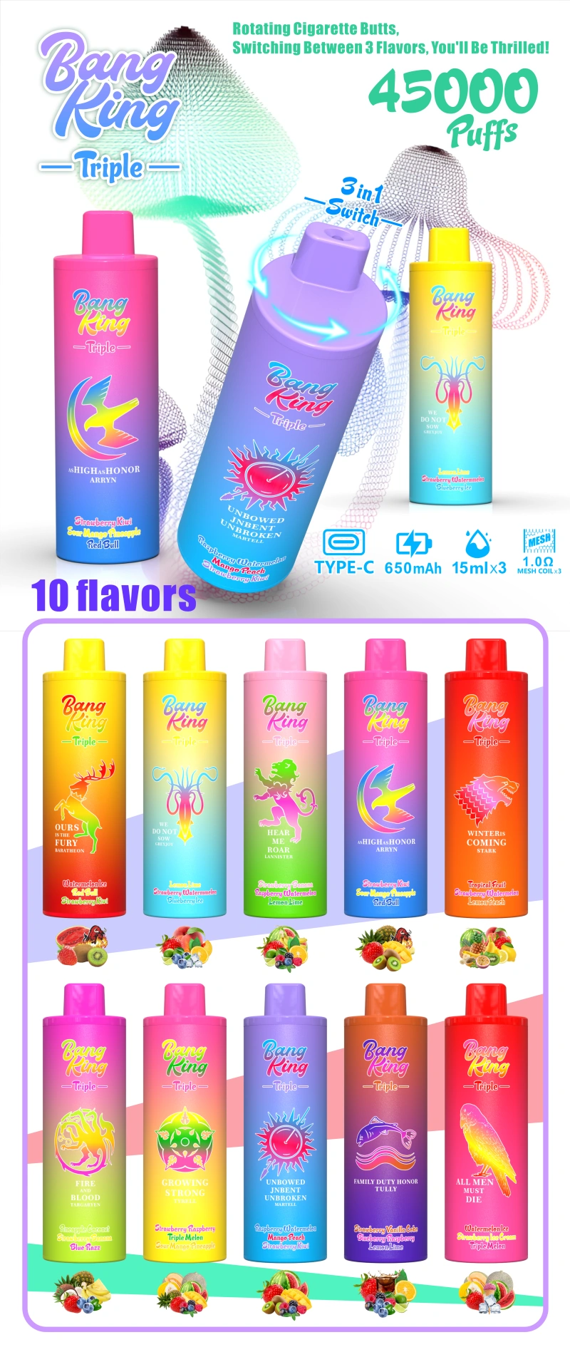 Bang King Triple 45000 Puffs 3u1 enokratna e-cigareta z 10 trojimi voćnimi okusi za Slovenijo