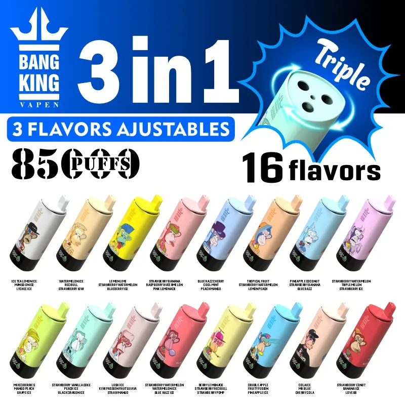 BANG KING Triple 85K Puffs 3u1 enokratna e-cigareta, 85.000 puščic, 48 okusov, 3u1 Mesh Coil, Premium Anti-leak 5.0, za uporabo po Sloveniji