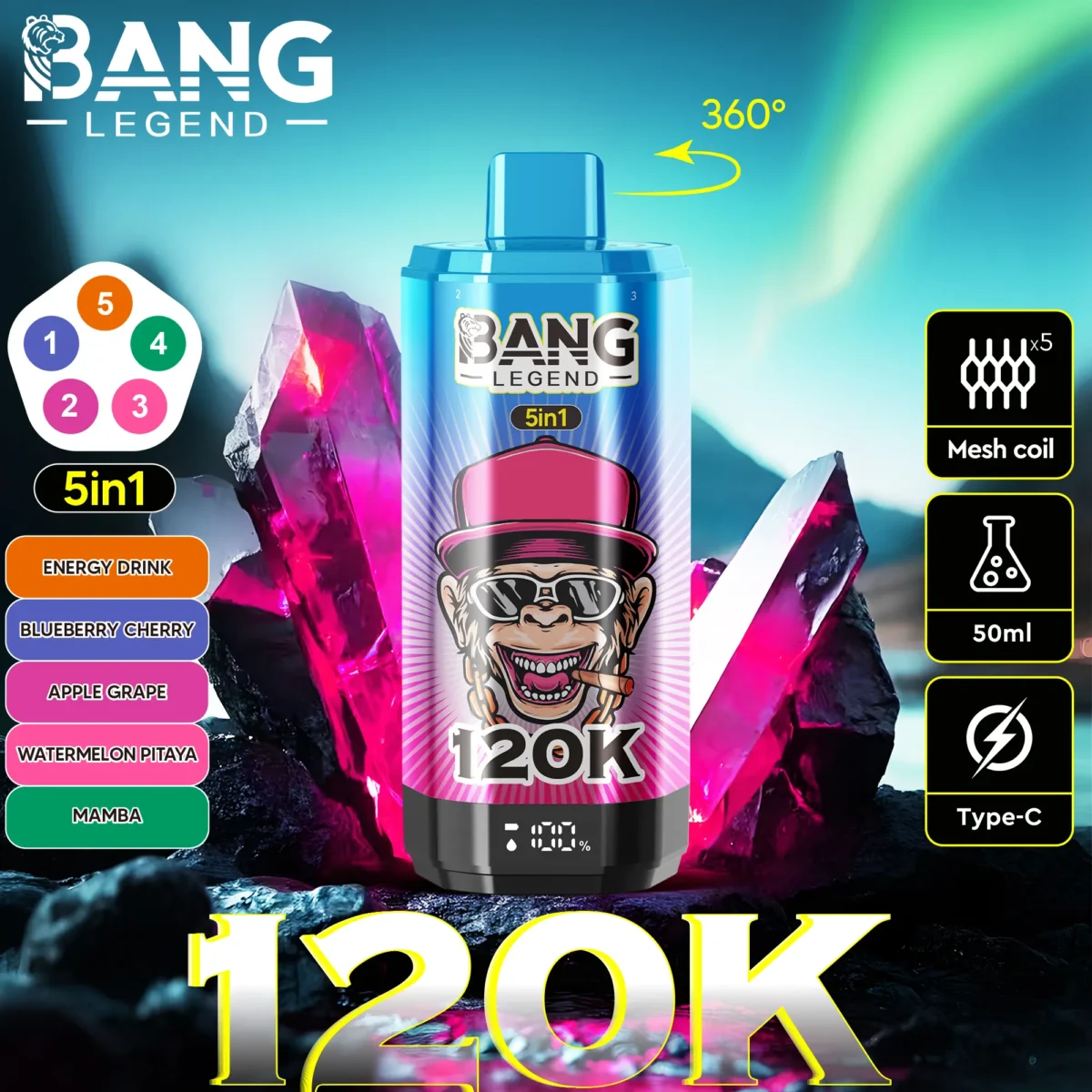 Bang Legend 120K 5u1 enkratna e-cigareta, 120.000 pufov, 60 okusov, Dual Mesh, 4D Anti-Leak, za Slovenijo