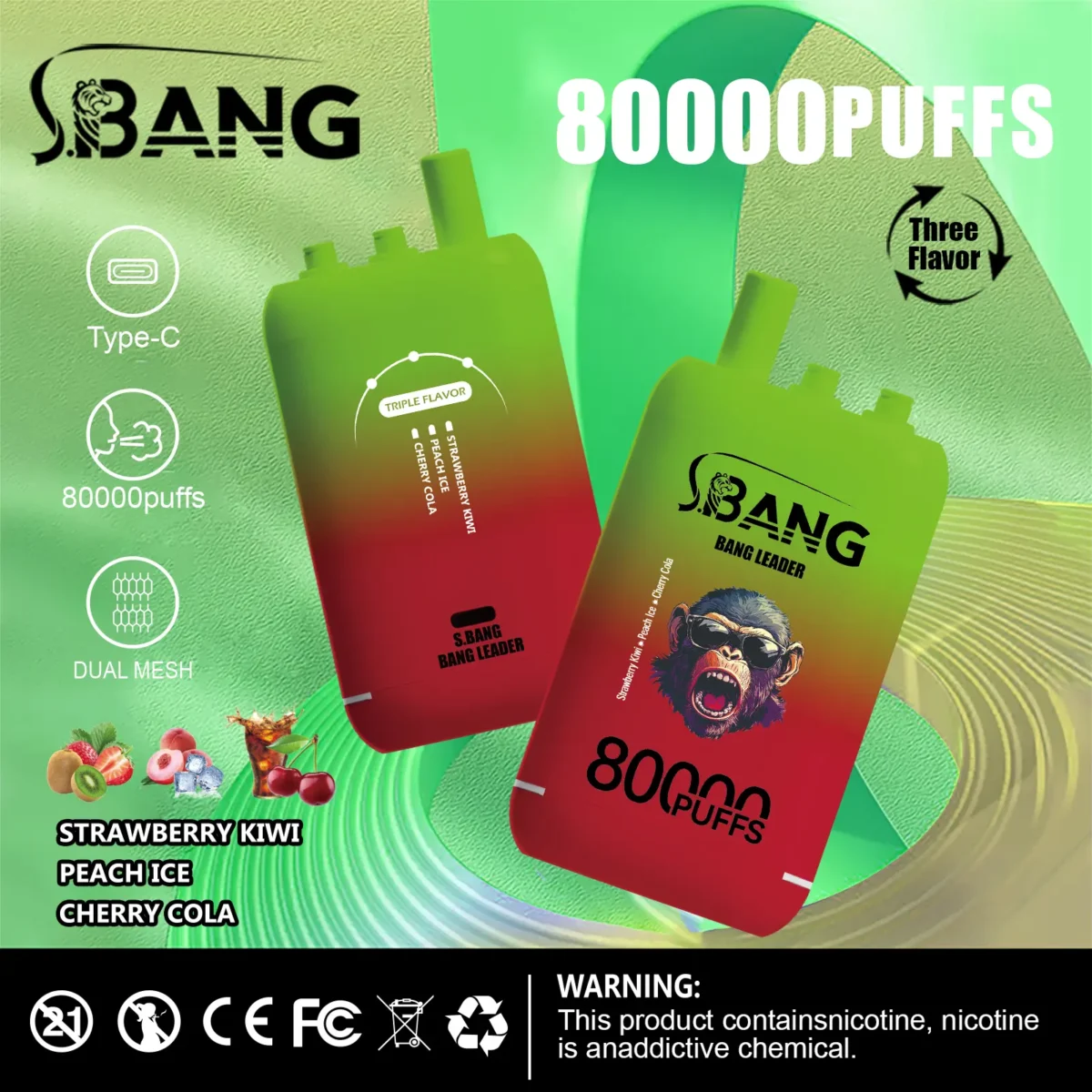 Bang Leader 80K PUFFS 3u1 enokratna e-cigareta, 80.000 puščic, 36 okusov, 3u1 Pro Mesh Coil, za uporabo po Sloveniji